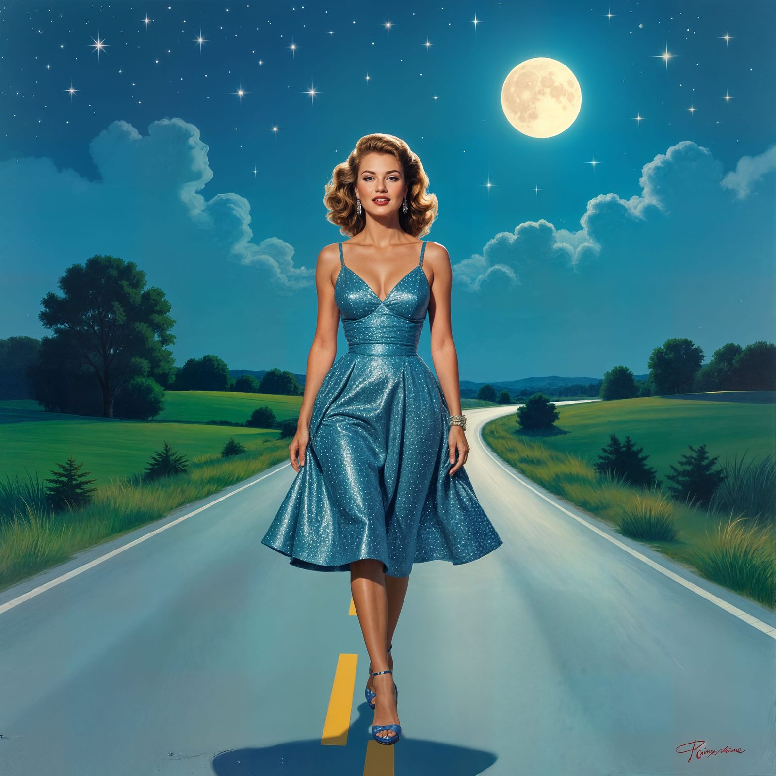 Figure Walking on Highway in Sequined Dress