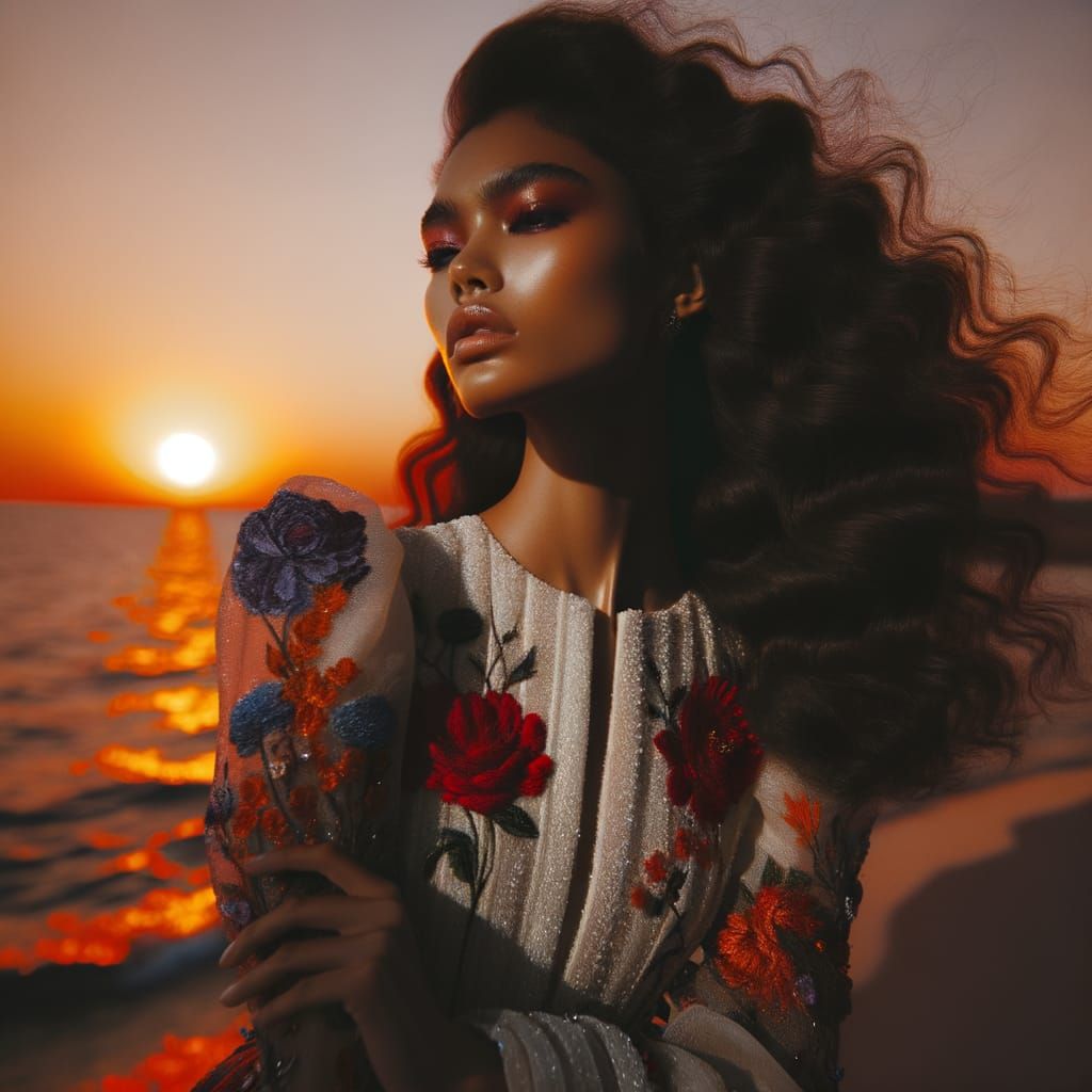 Elegant Model Embracing Sunset Glamour