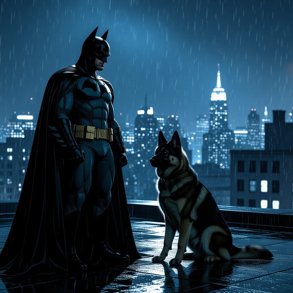 Batman and German Shepherd on Gotham Rooftop