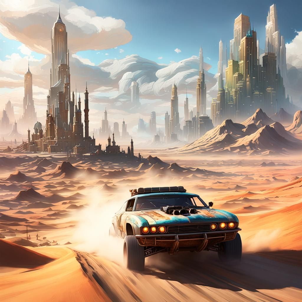 Mobile City Races Across Desert, Dark Fantasy Art