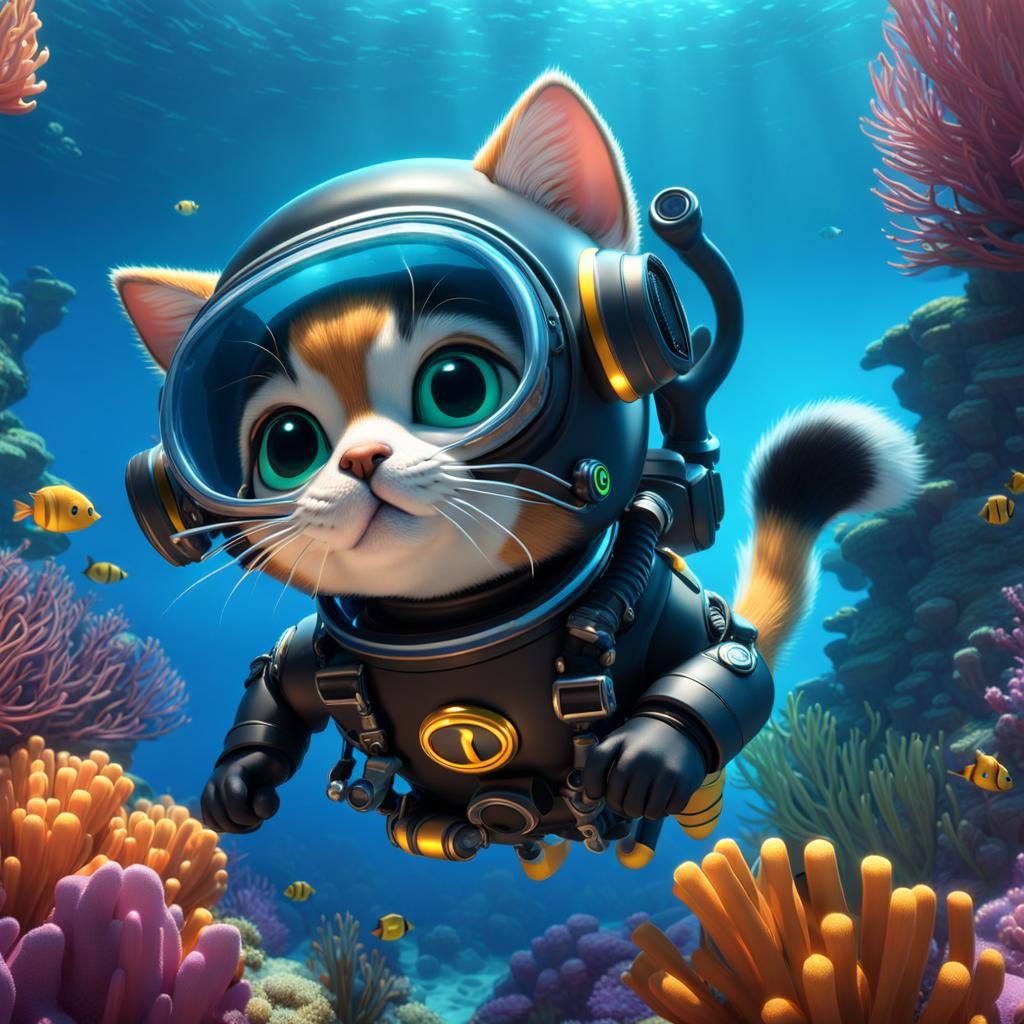 Chibi Kitten Diver in Underwater Scene