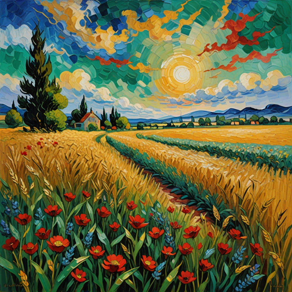 Emerald Wheat Field in Vibrant Neo-Impressionist Style
