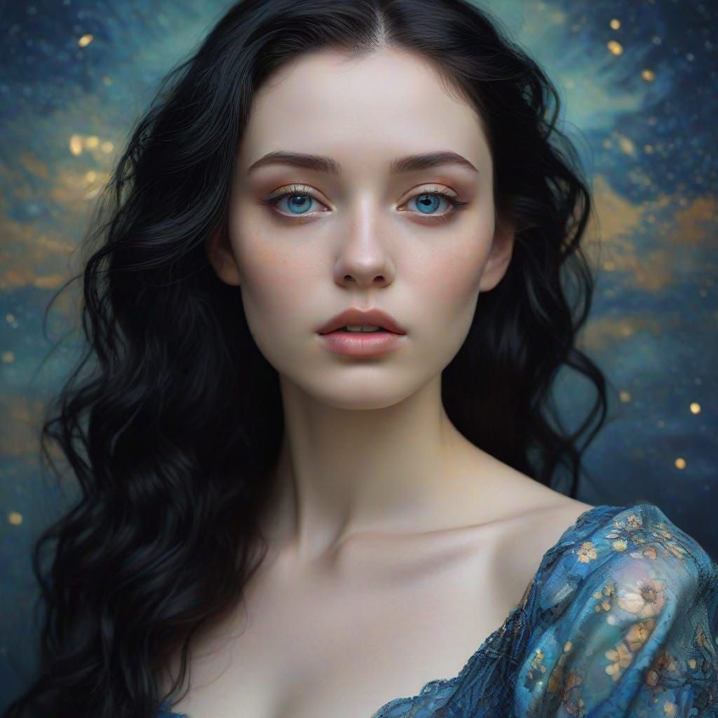 Ethereal Siren Amidst Cosmic Clouds in Art Nouveau Style