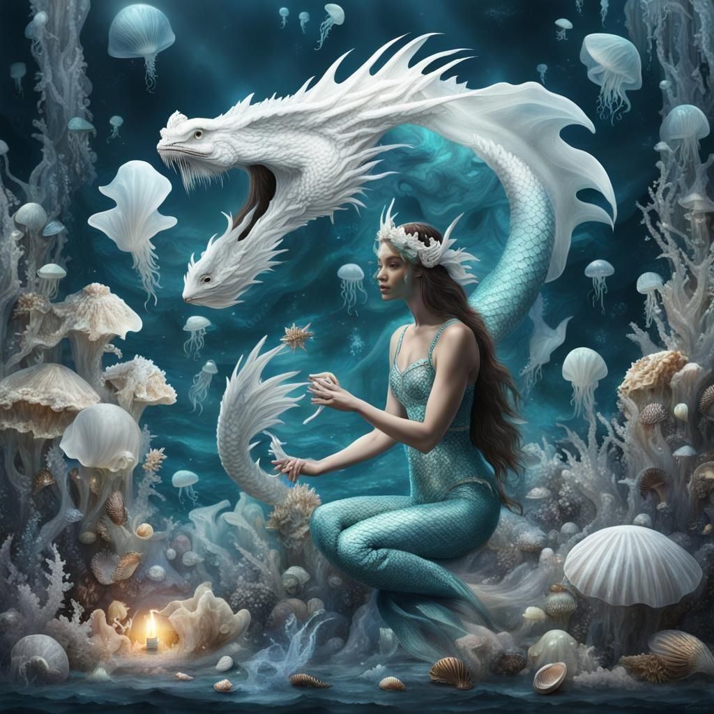 Mermaid Plays with Dragon in Matte Painting