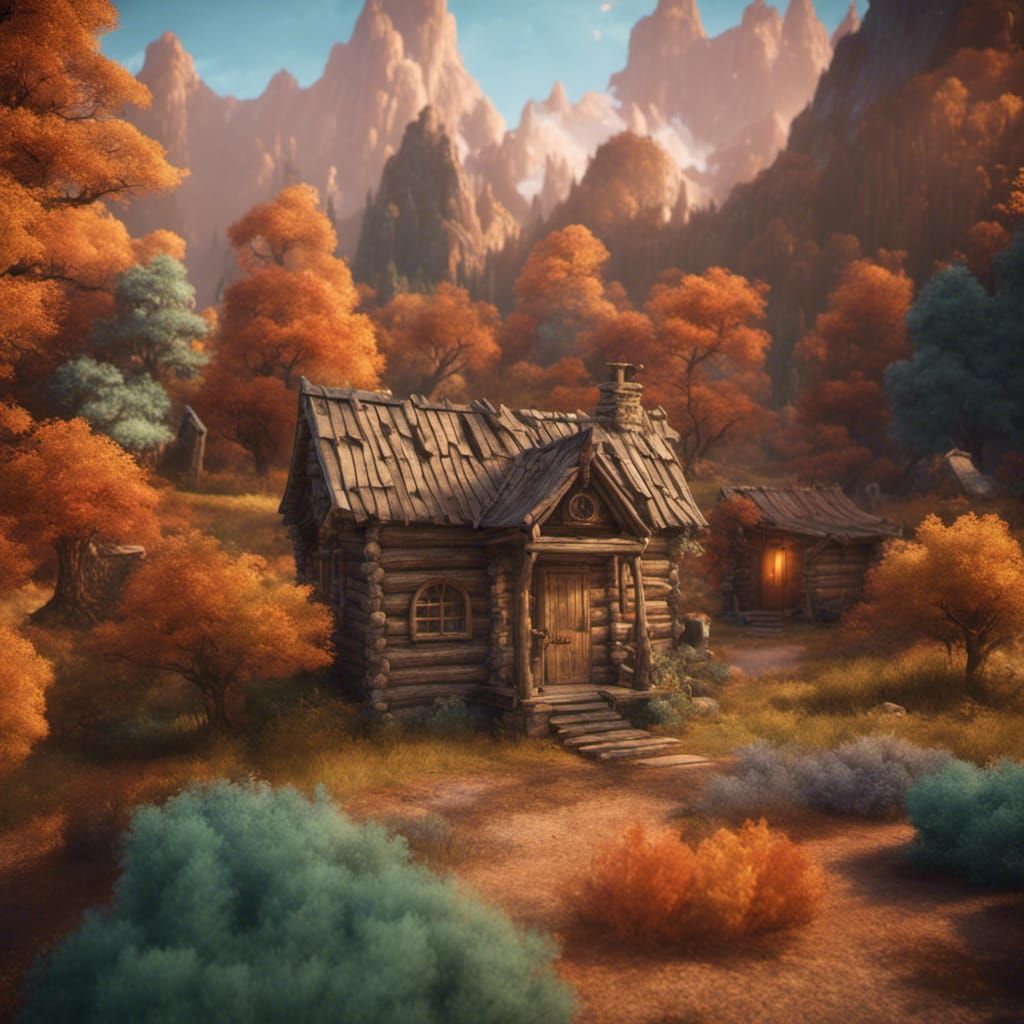 Log Cabin with Shed and Doghouse in Detailed Matte Painting