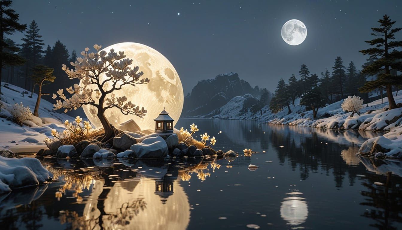 Luminous Moon Above Snow Island with Golden Magnolia