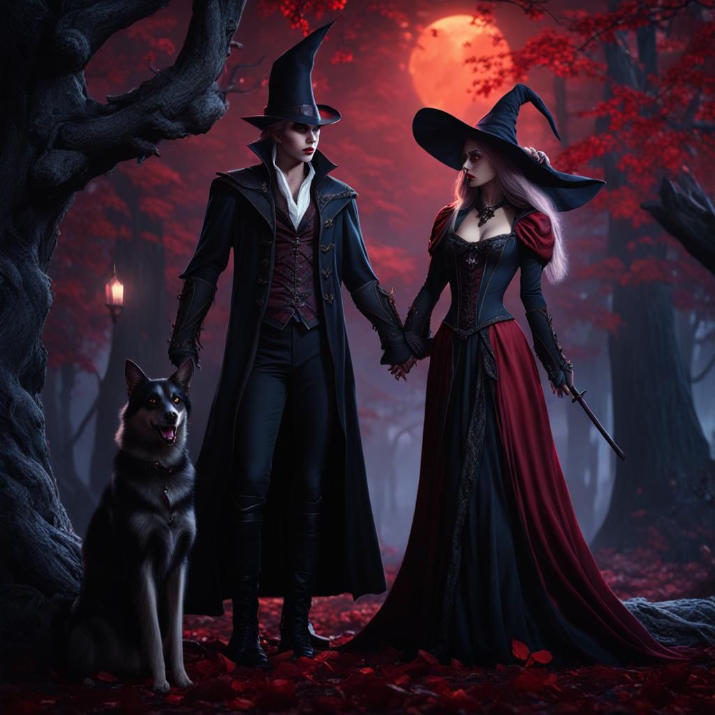 Fantasy Vampire and Witch in Love, Detailed Painting