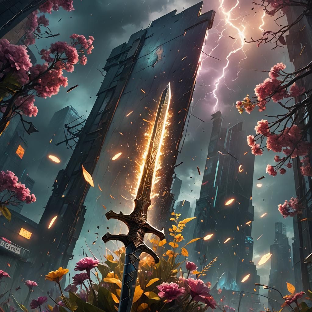 Billboard with Sword and Flowers in Stormy Fantasy Art