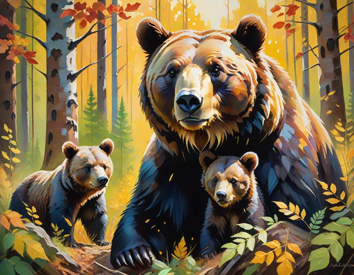Mother Bear Protecting Cubs in Forest: Acrylic Painting