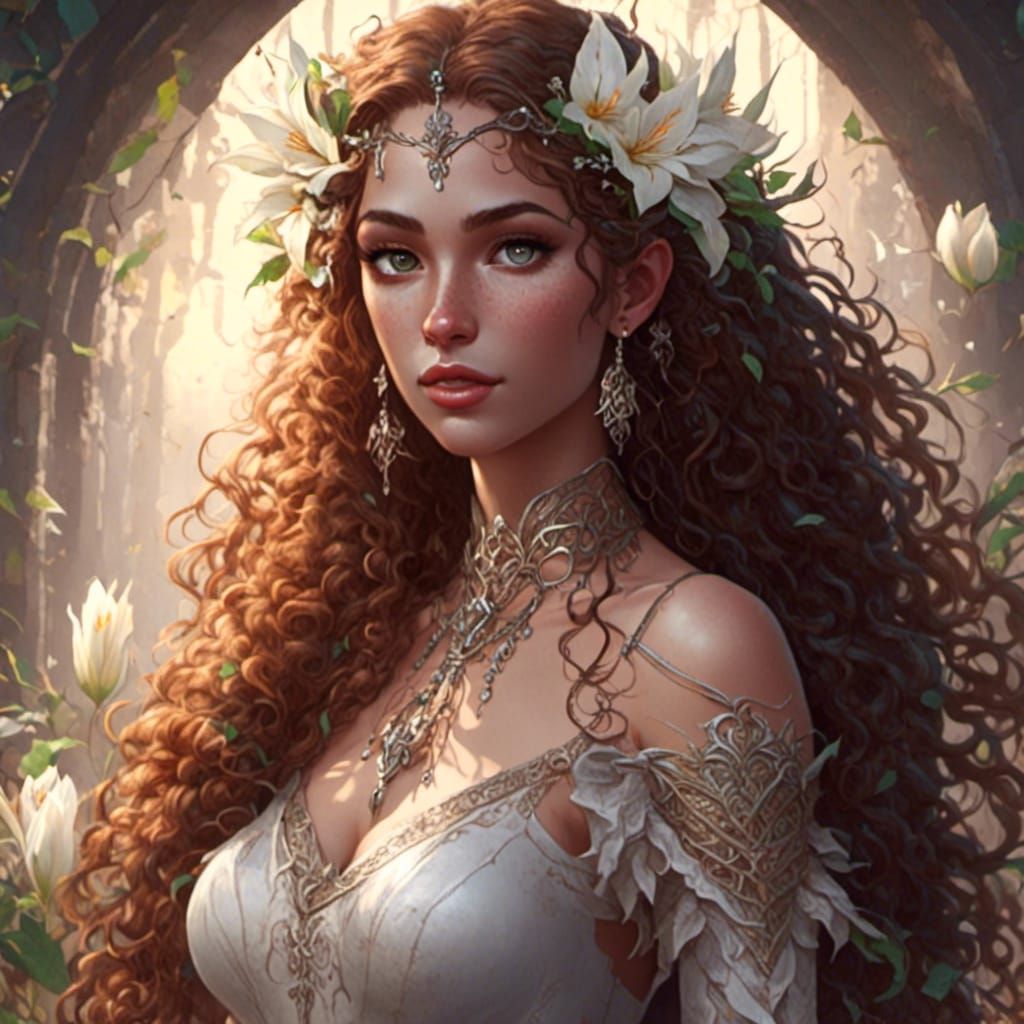 Beautiful Elf Woman with Stars and Lilies