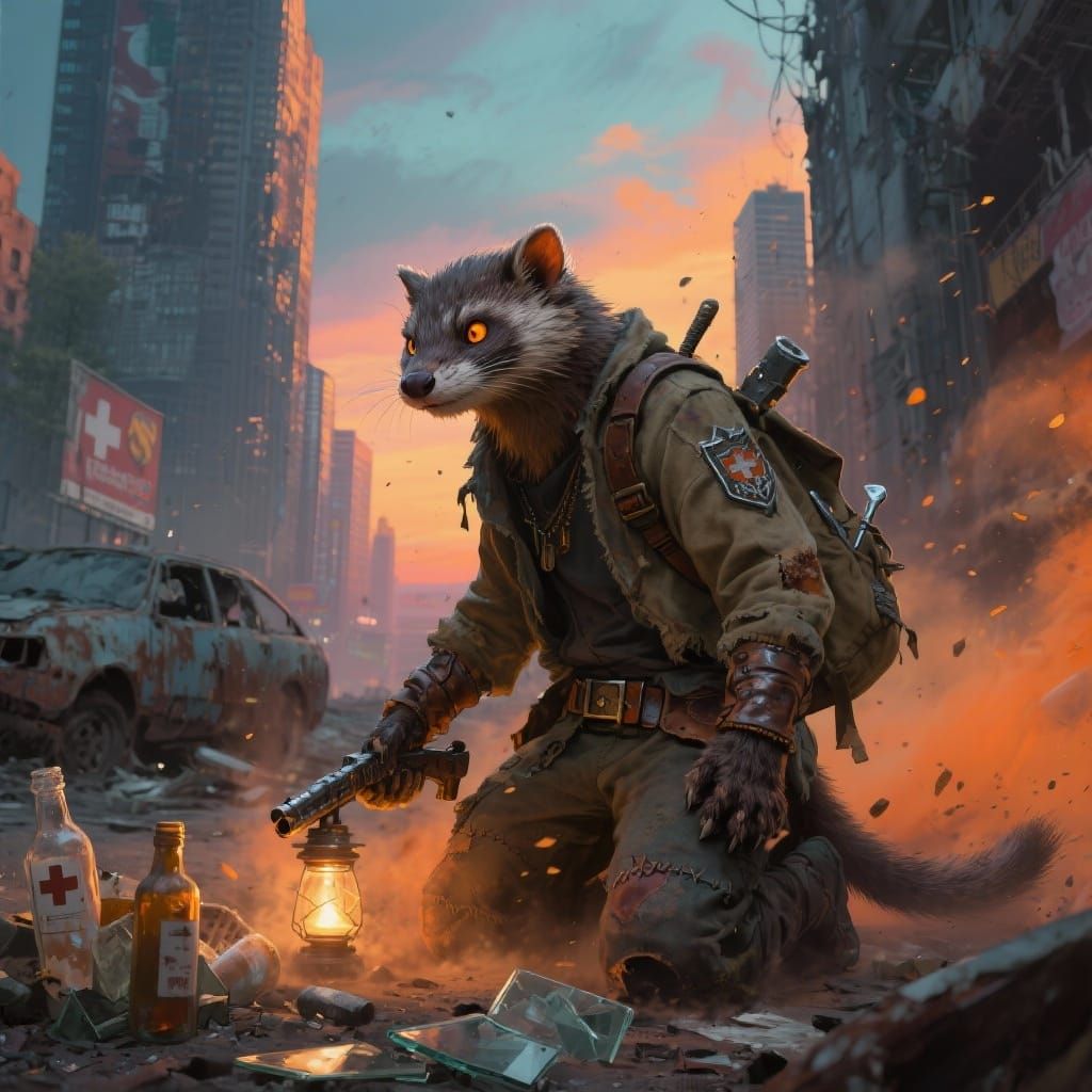 Weasel Scavenger in Post-Apocalyptic Cityscape