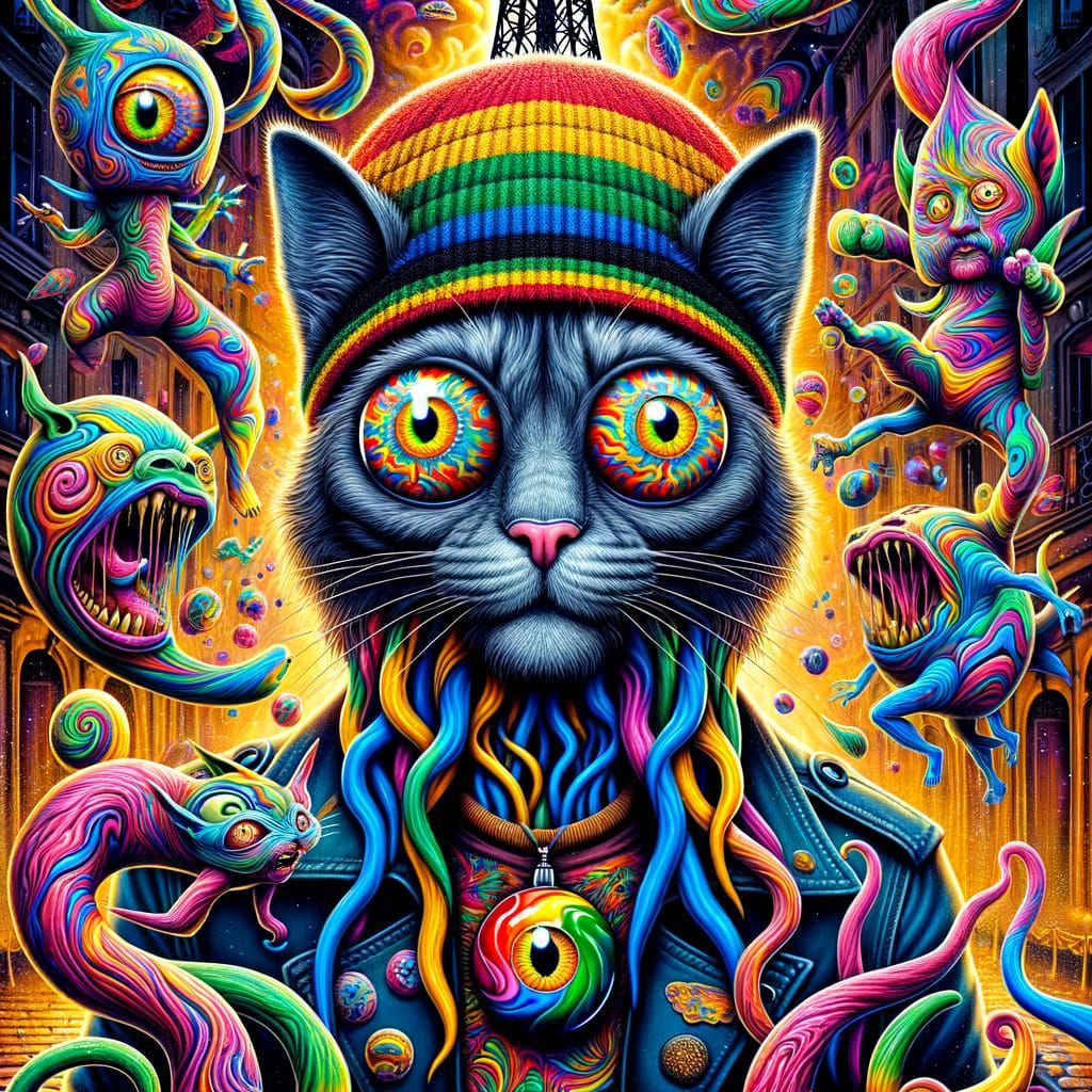 Ethereal Rastafarian Cat Creature Amidst Psychedelic Primord...
