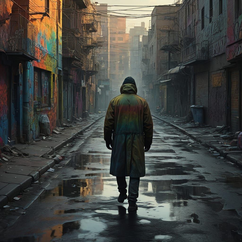 Man Walking Down Street With Rainbow Coat