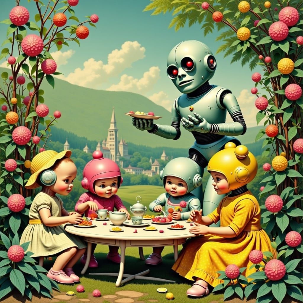 Retro-Futuristic Robots' Tea Party in Vintage Style