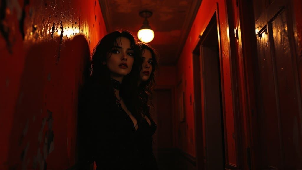 Noir Portrait of Two Women in a Dim Red Hallway