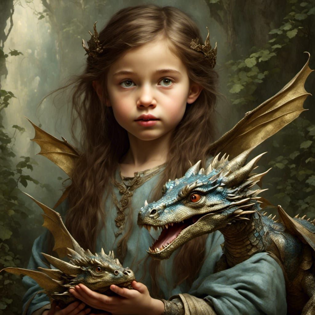 Girl Cradles Tiny Dragon: Hyperrealistic Portrait