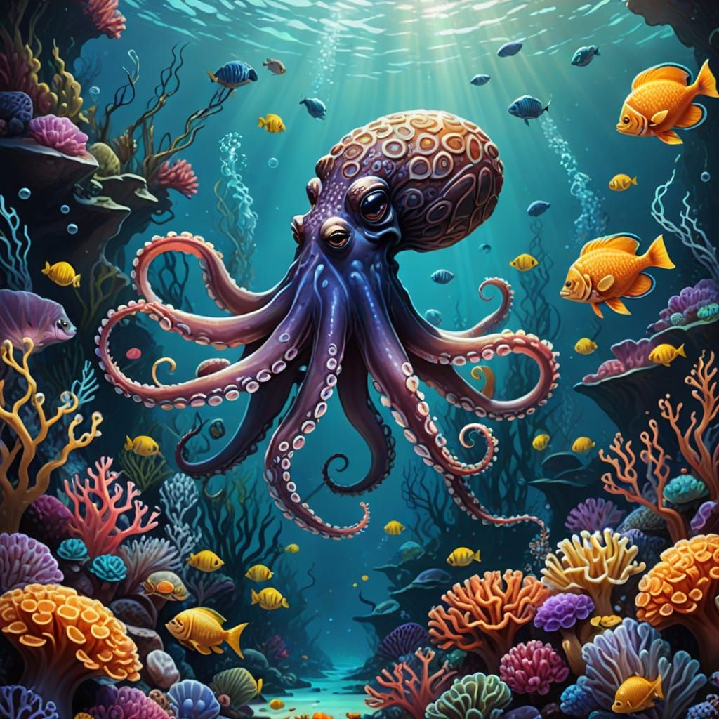 Stylized Digital Painting of an Octopus Conducting a Fish Ba...
