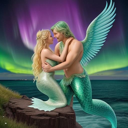 Angelic Mermaid and Merman Under Aurora Borealis