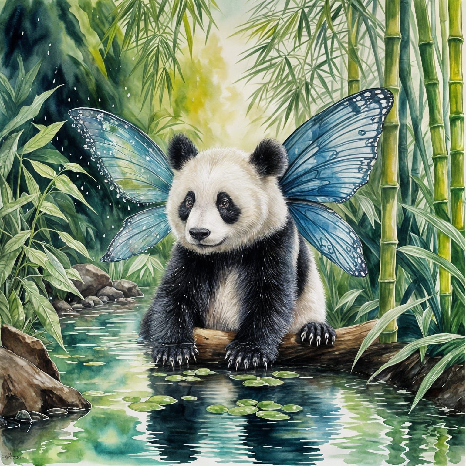 Watercolor Panda Fairy in Jungle Stream