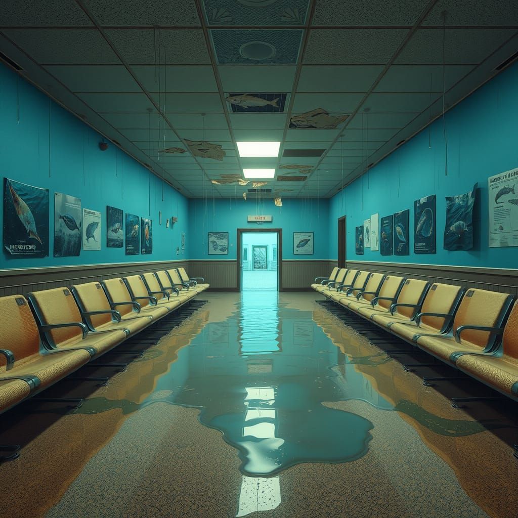 Flooded Waiting Room in Surreal Dreamlike Style