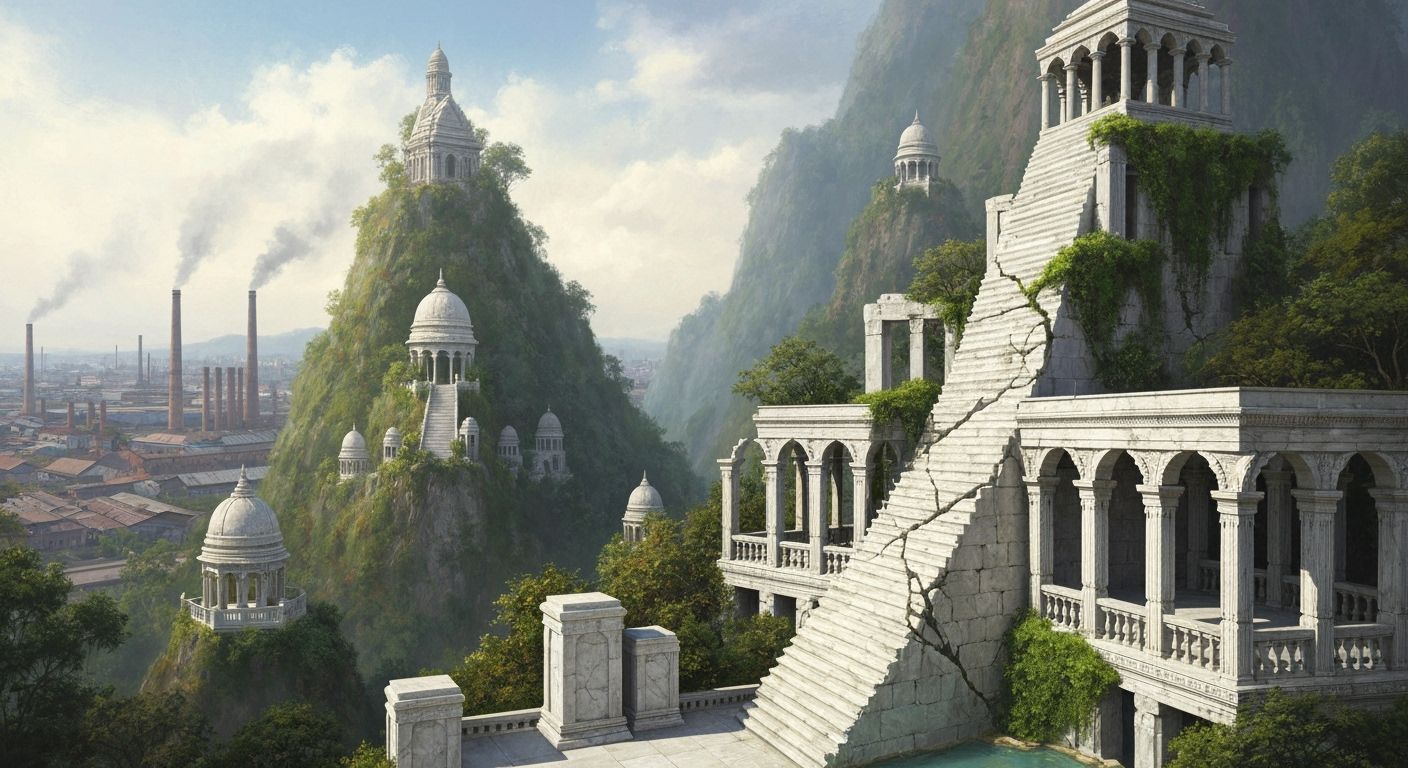 Giant Pencil Temple with Crumbling Pillars and Smoky City