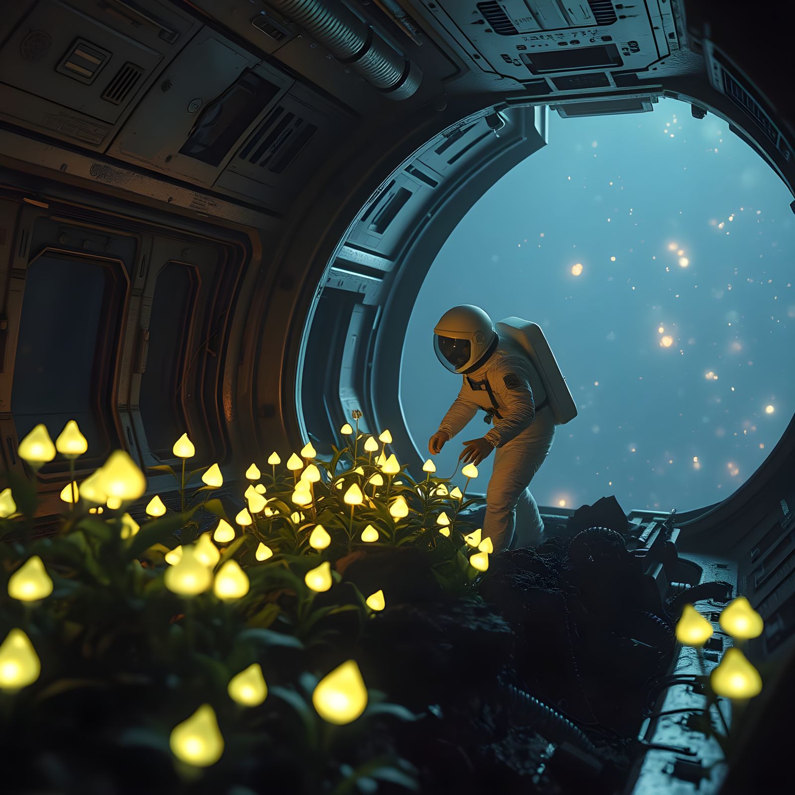 Astronaut Tending Bioluminescent Garden in Derelict Spaceshi...