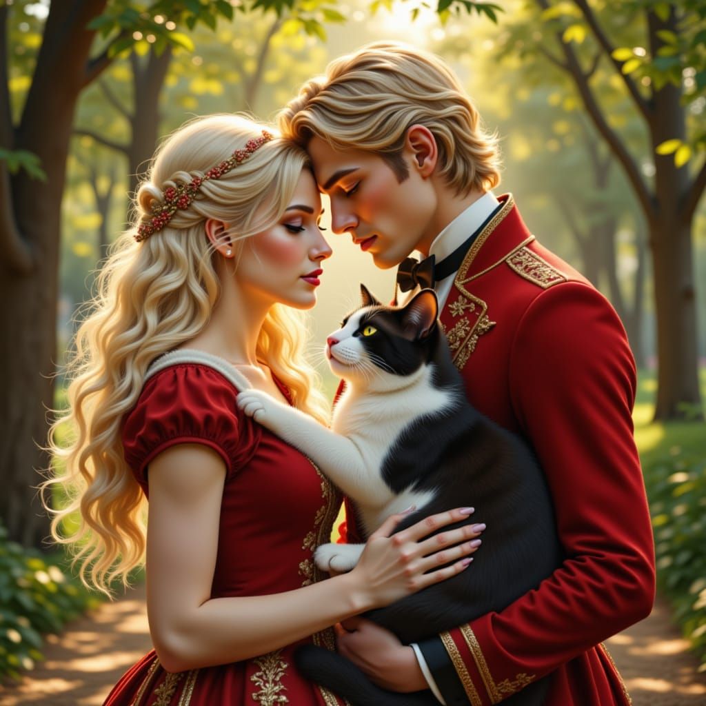 Warm Embrace: Maiden, Gentleman, and Cats in Storybook Style