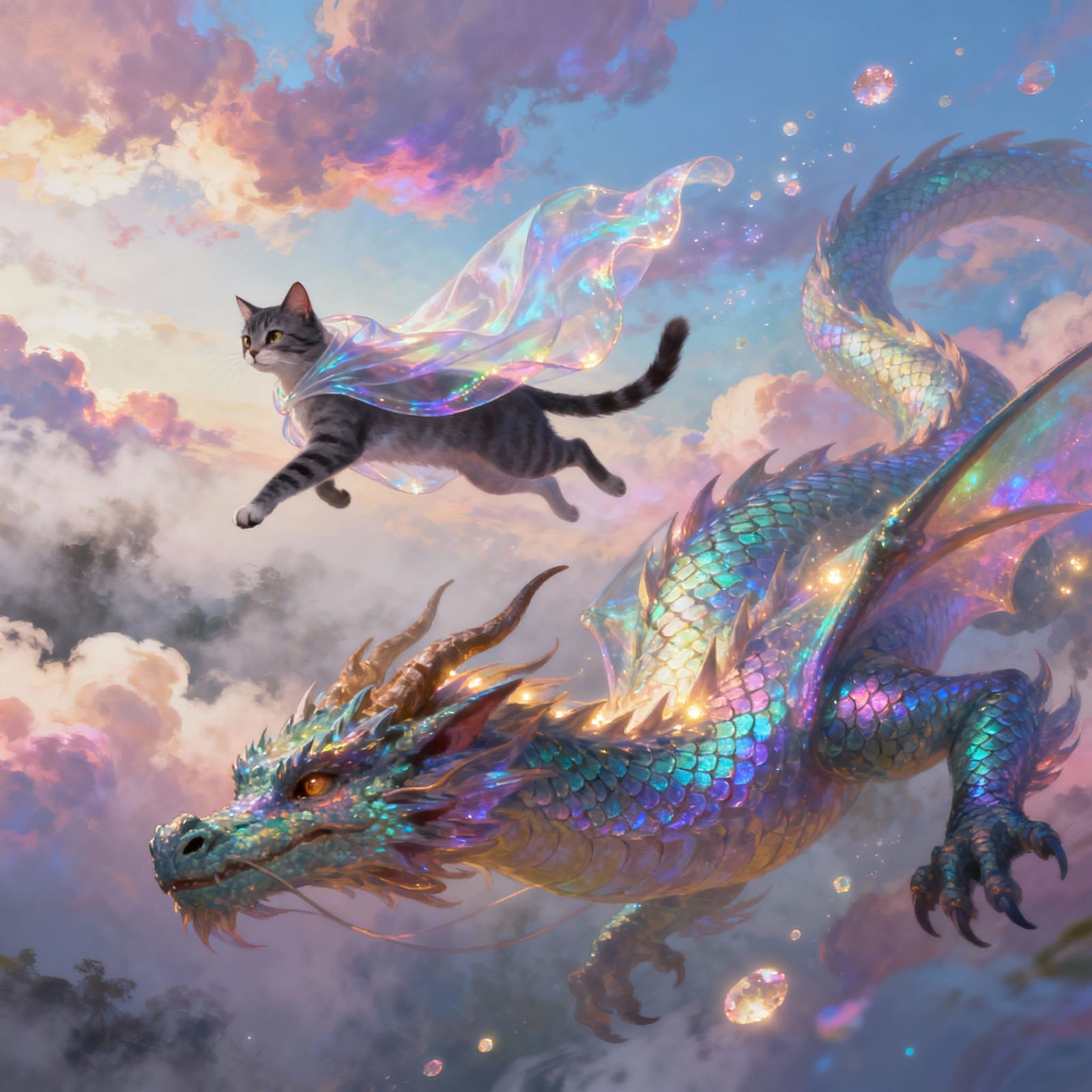 Cat and Dragon Soar Through Ethereal Cloudy Sky
