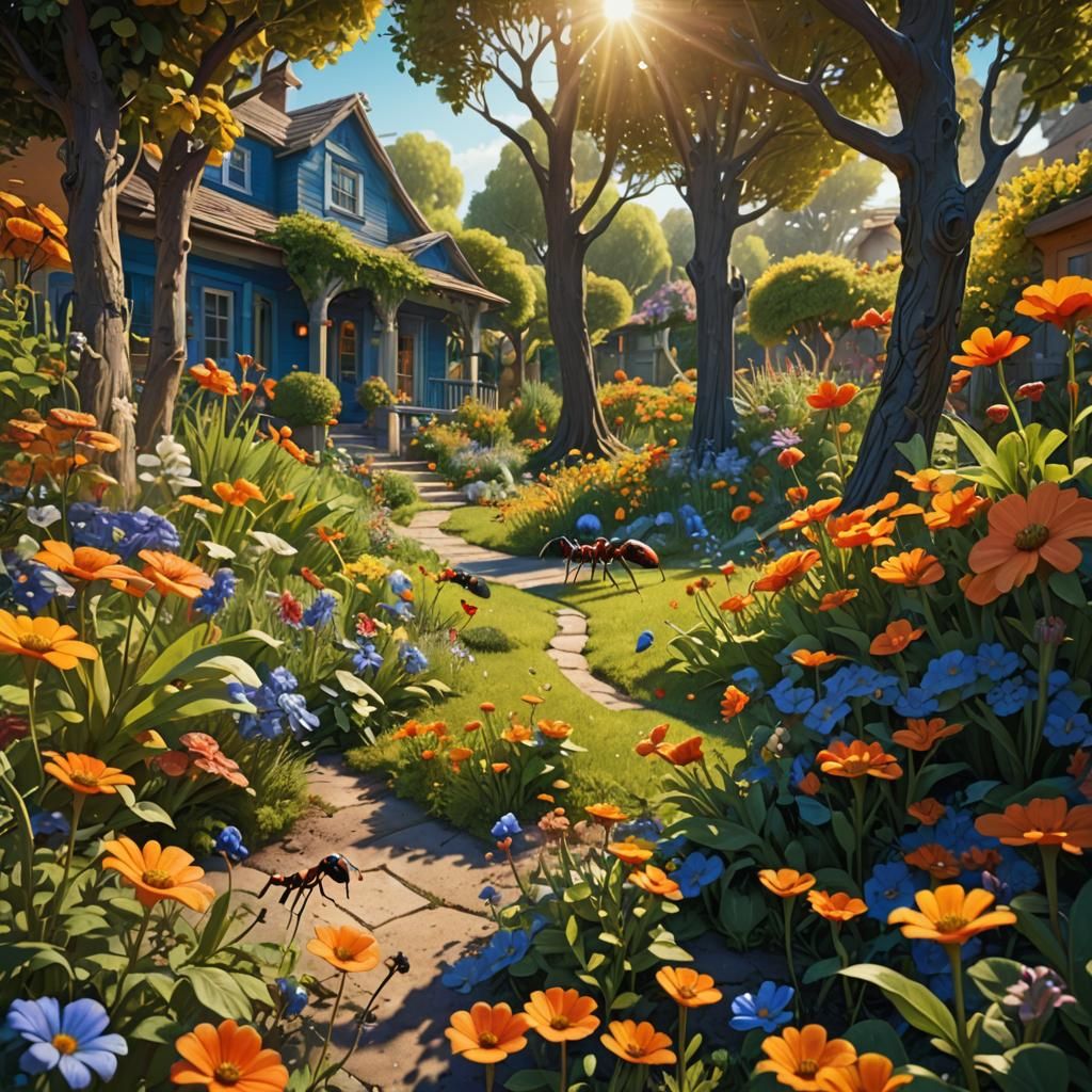 Ant's-Eye View of Backyard Garden in Detailed Matte Painting