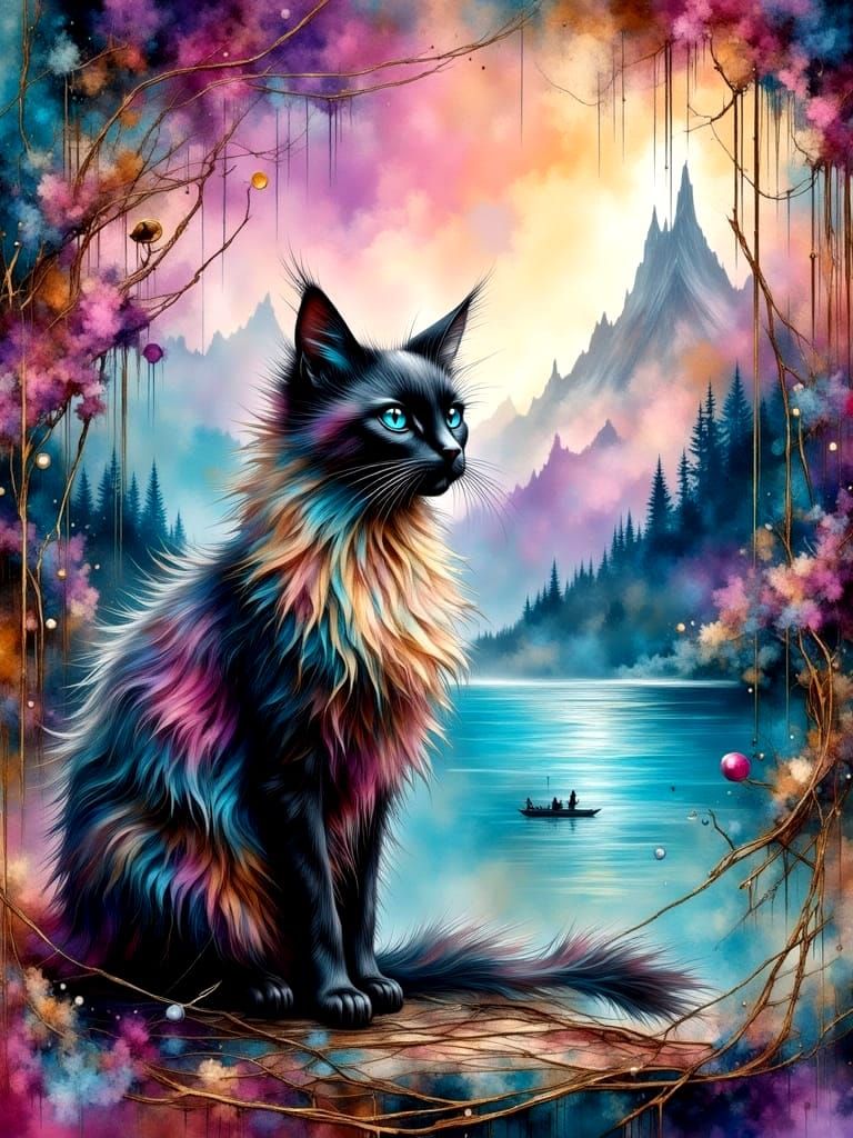 Siamese Cat in Surreal Abstract Landscape Painting