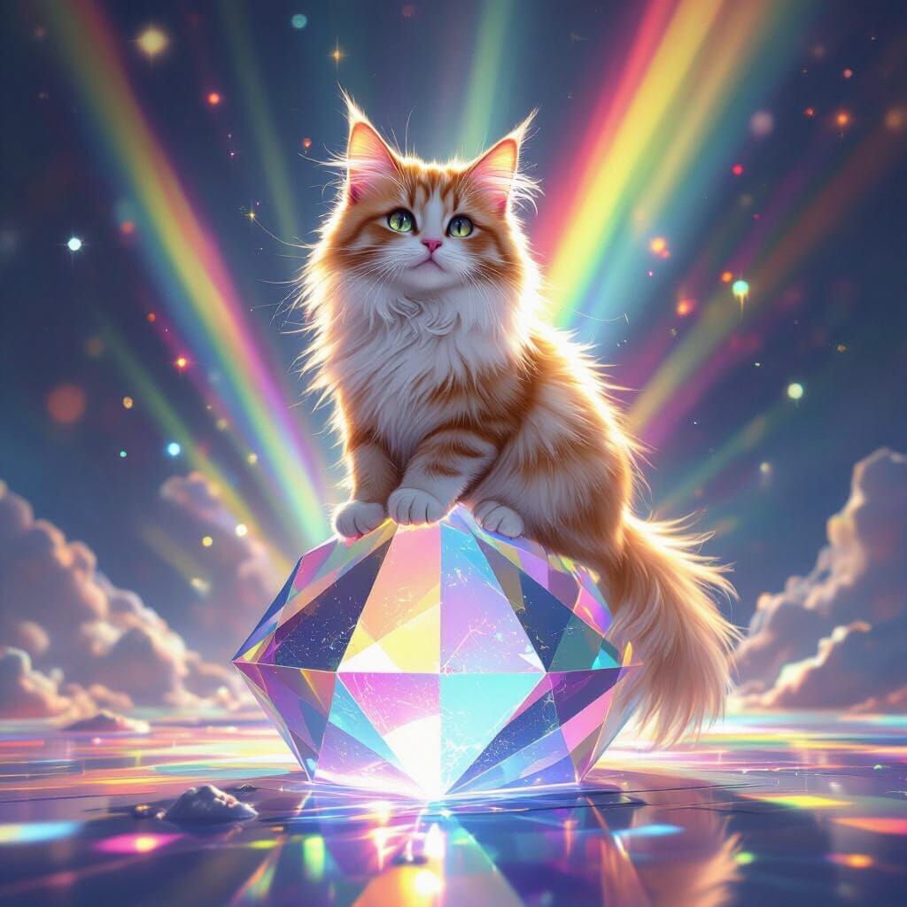 Iridescent Cat on Prism in Futuristic Style