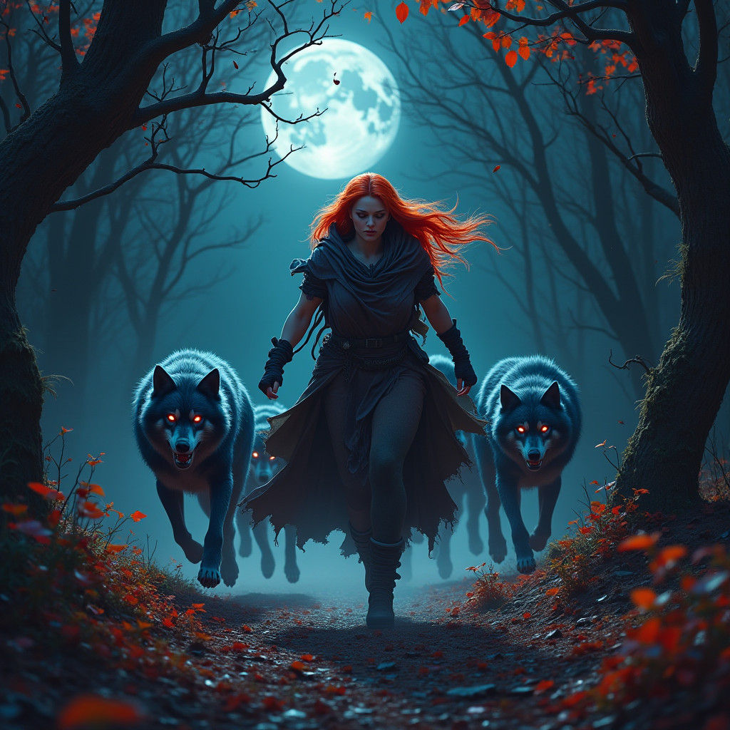 Woman Pursued by Wolves in Moonlit Forest