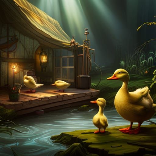 Fabric Puppet Ducks on Stage in Detailed Matte Painting