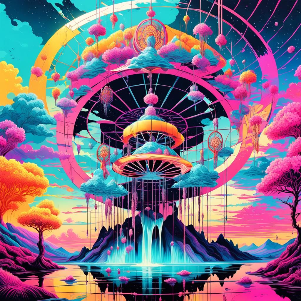 Surreal Landscape with Dreamcatcher Waterfall in Retro Style