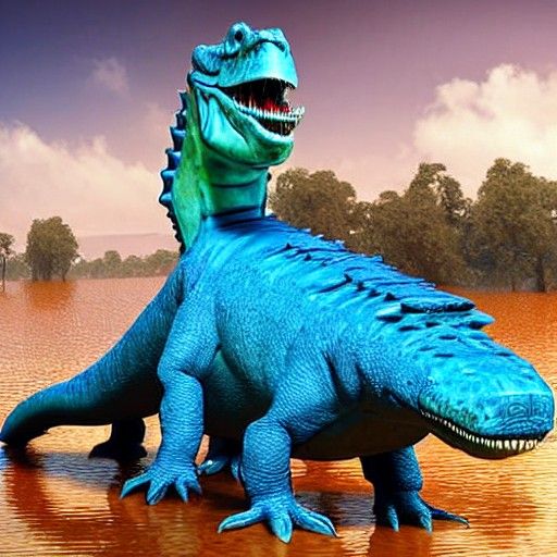 Anthropomorphic Crocodile Dinosaur in Apocalyptic Cityscape