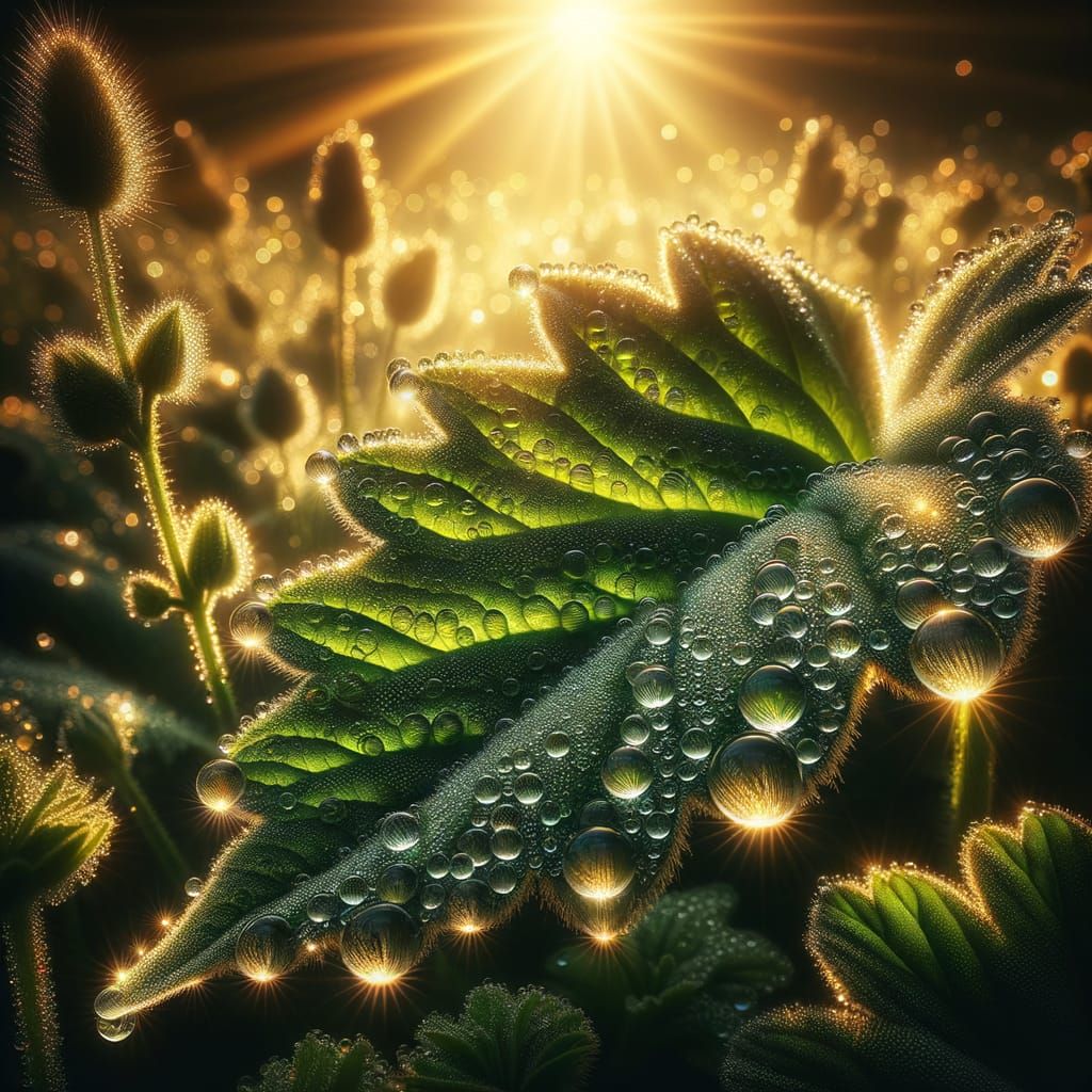 Majestic Dewdrops on a Sunrise-Lit Leaf in Macro Photography...