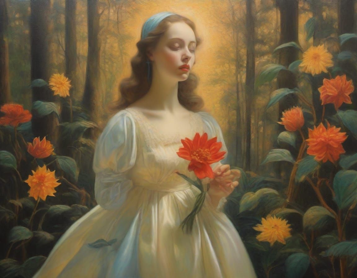 Surreal Woman with Flower in Dreamlike Forest