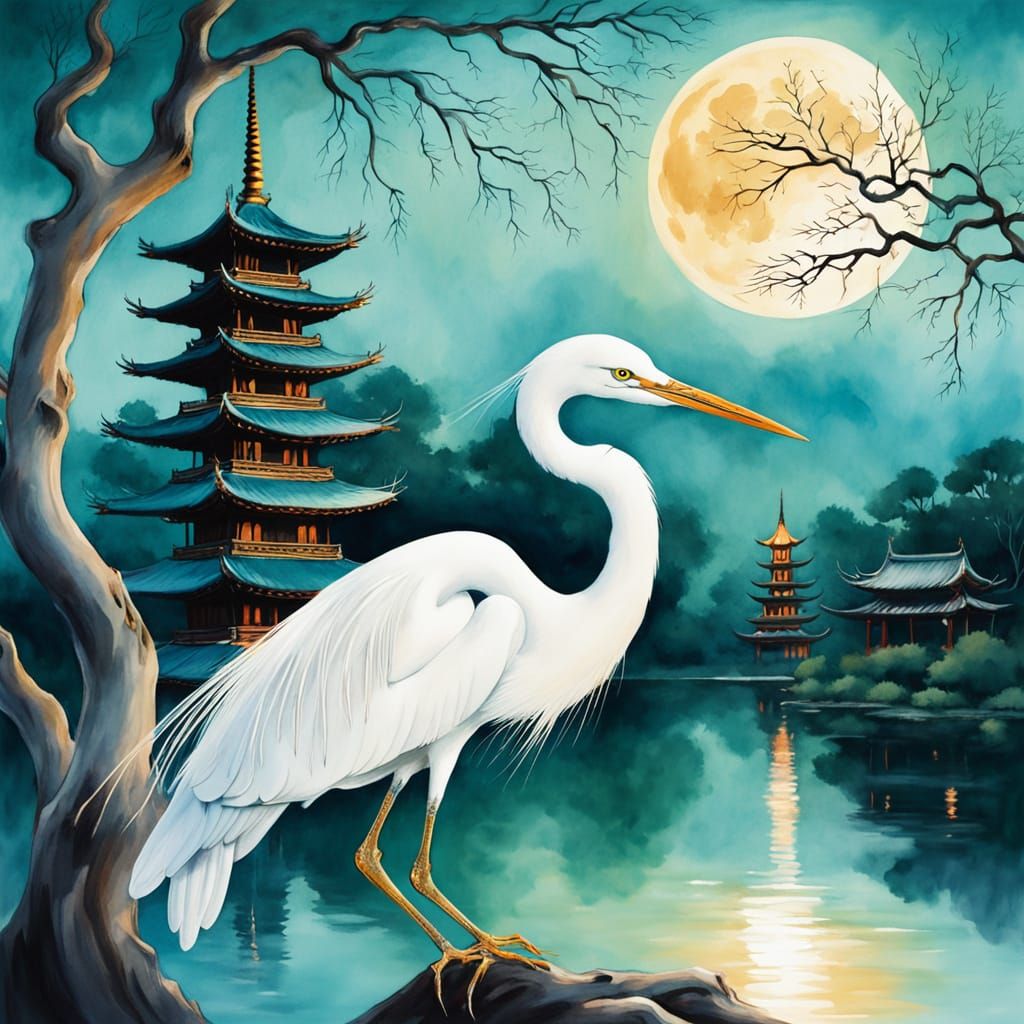 Japanese Pagoda Landscape with Heron in Watercolor Style