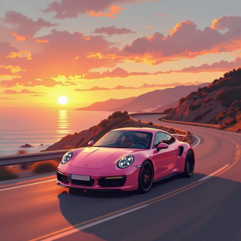 Pink Porsche Speeds Through Golden Sunset Coastal Road