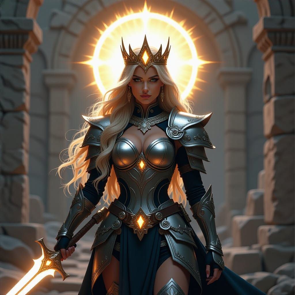 Radiant Warrior Queen in Ancient Ruins