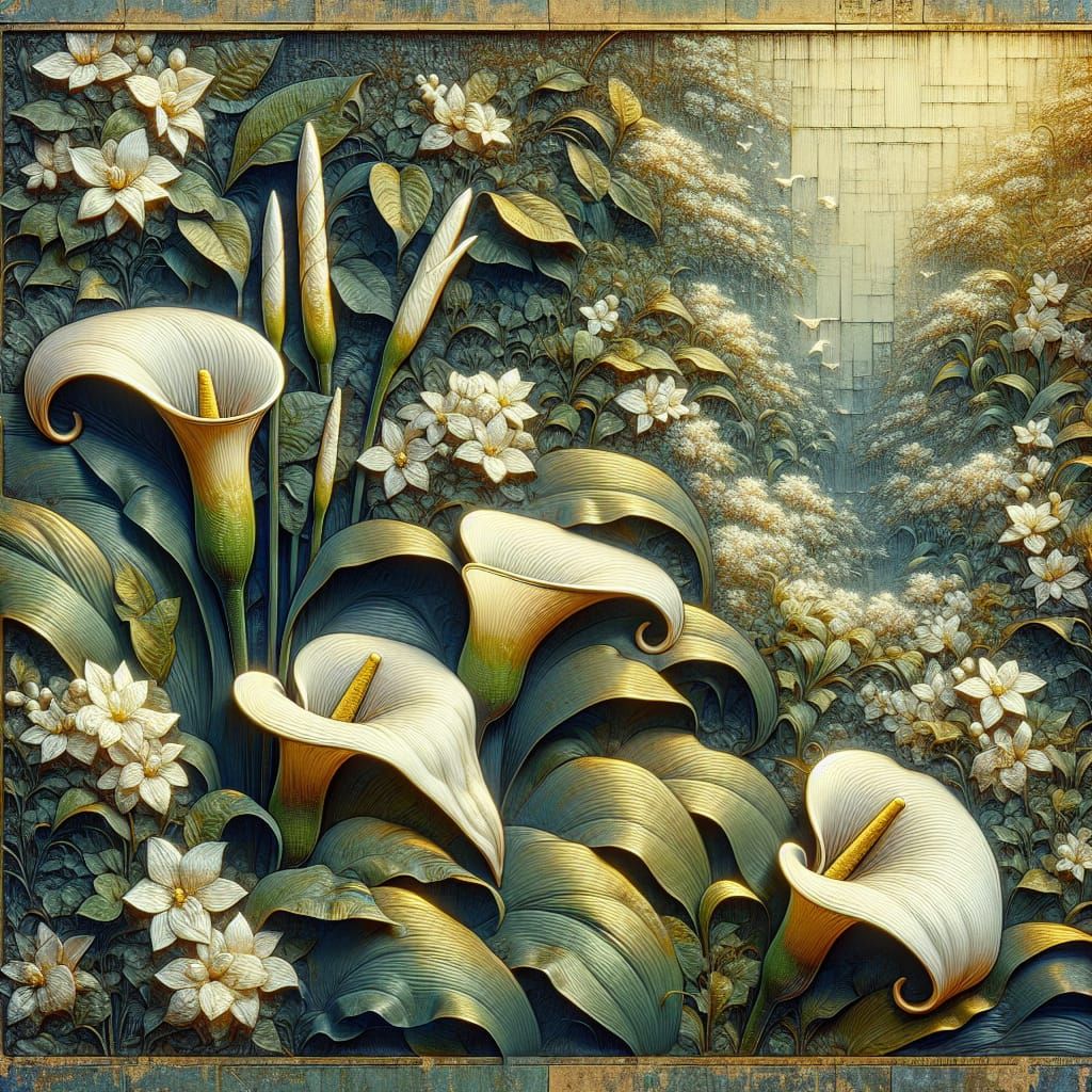 Embossed Relief Garden with Jasmine and Calla Lilies