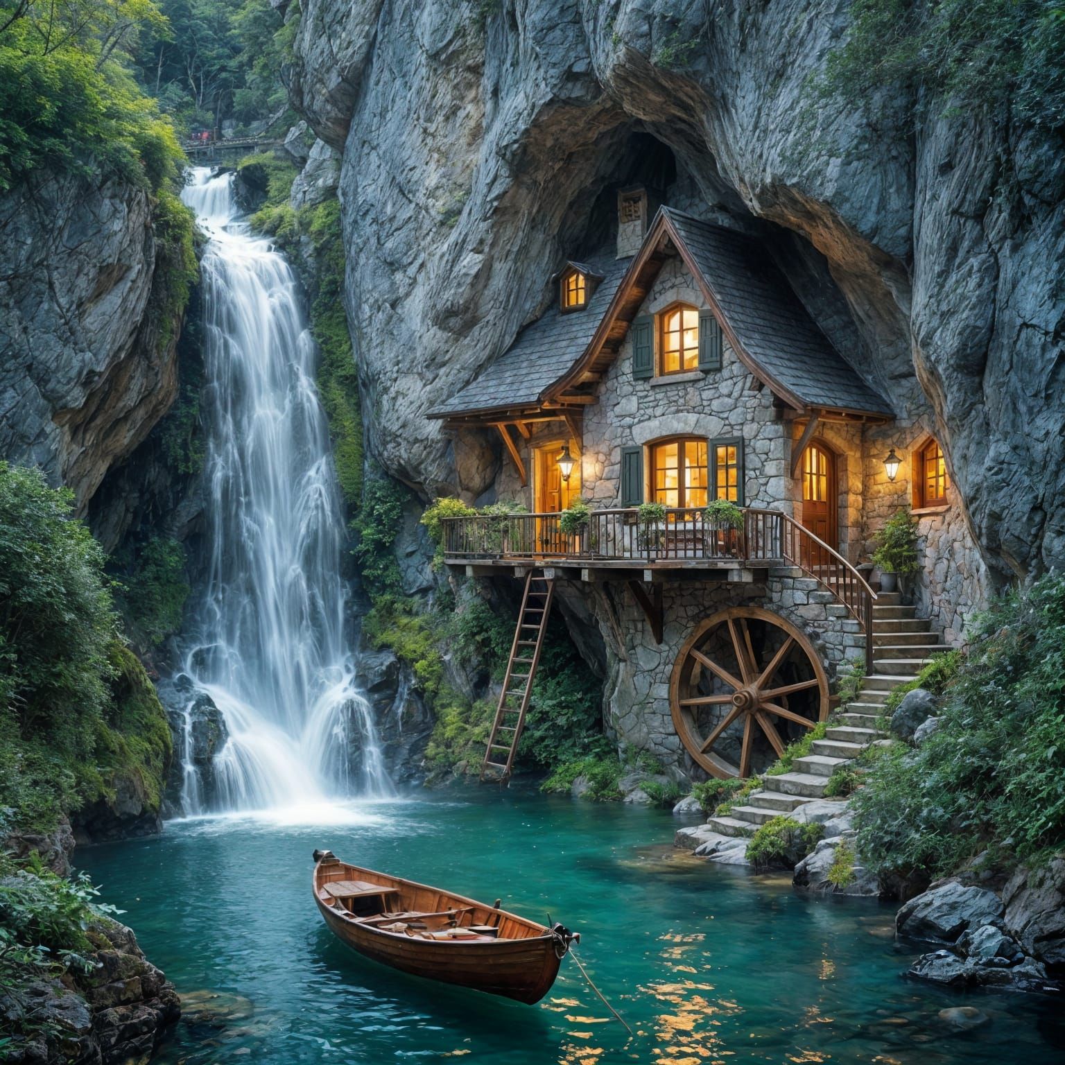 Magical Cliffside House with Waterfall and Lake