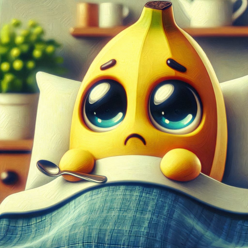 Sad Banana Character in Bed: Oil Painting Illustration