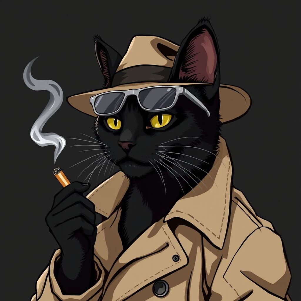 Sleek Noir Cat with Crumpled Coat and Fedoras