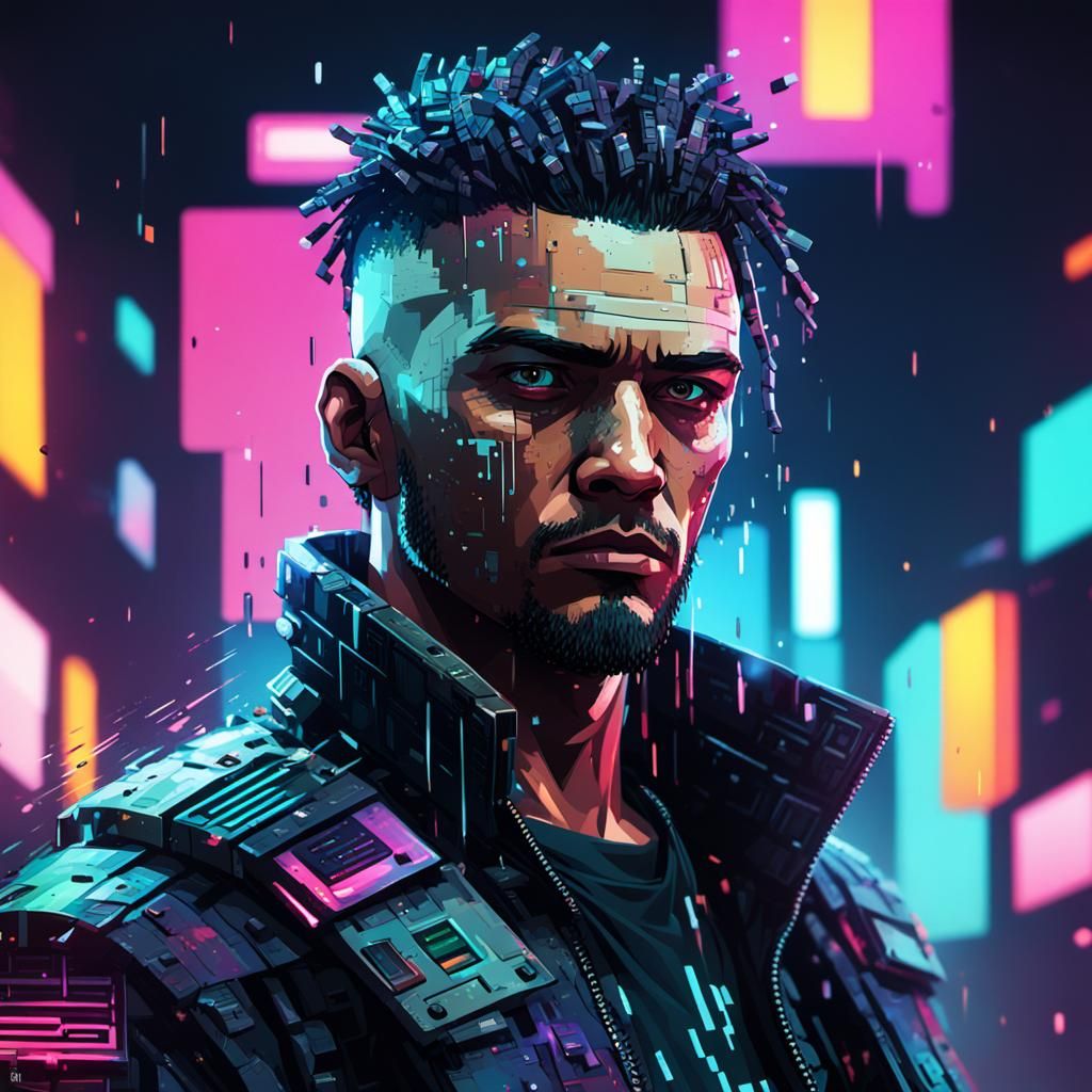 Pixelated Cyberpunk Criminal Portrait in Splash Art Style
