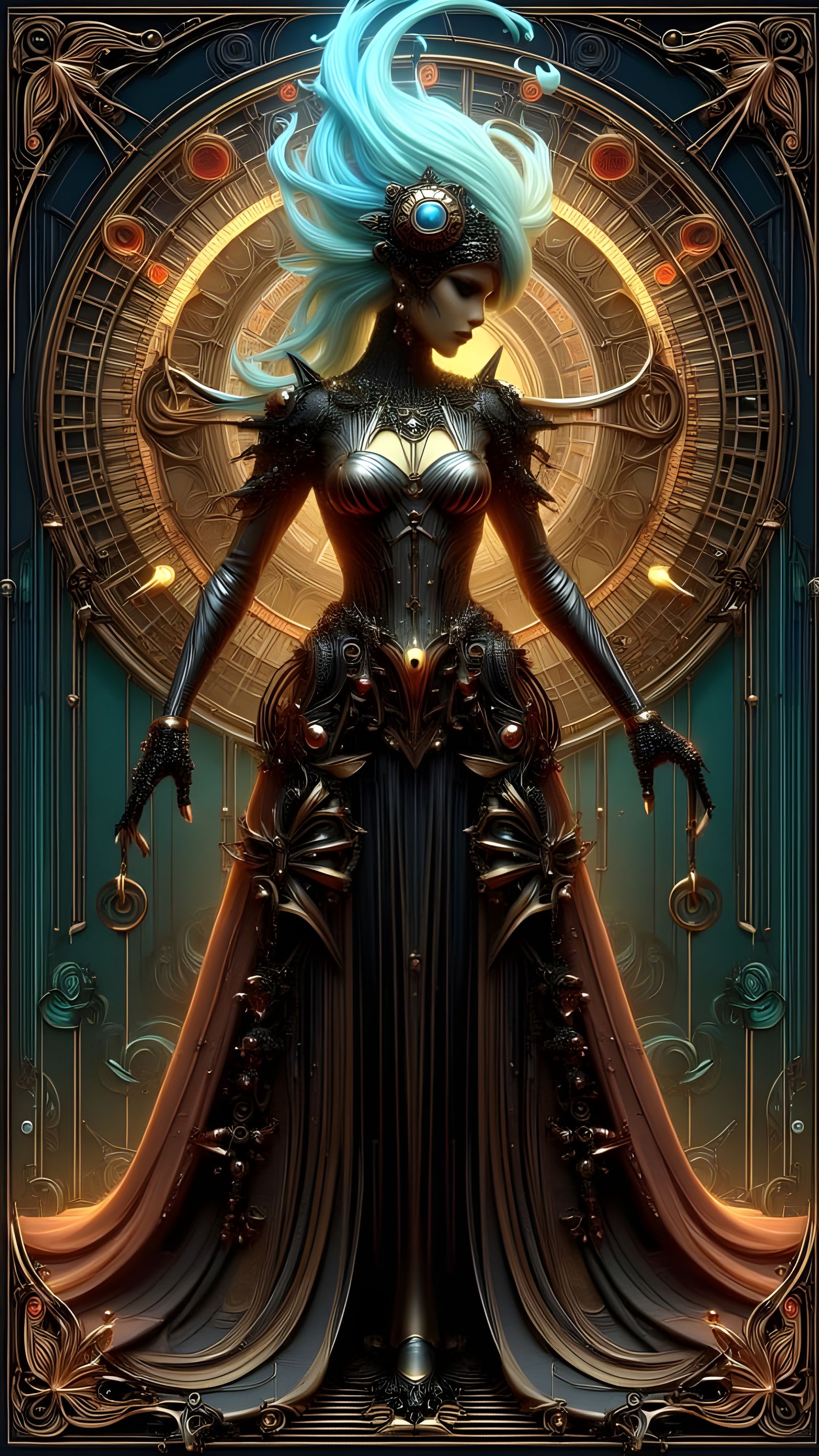 Cyberpunk Art Nouveau Robot Woman in Shimmering Metallic Gow...