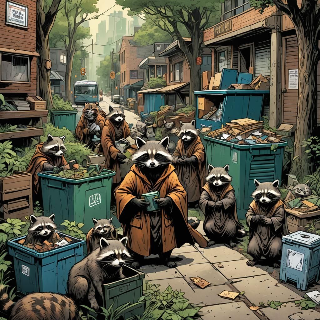 Druid City in Forest with Raccoon Monks