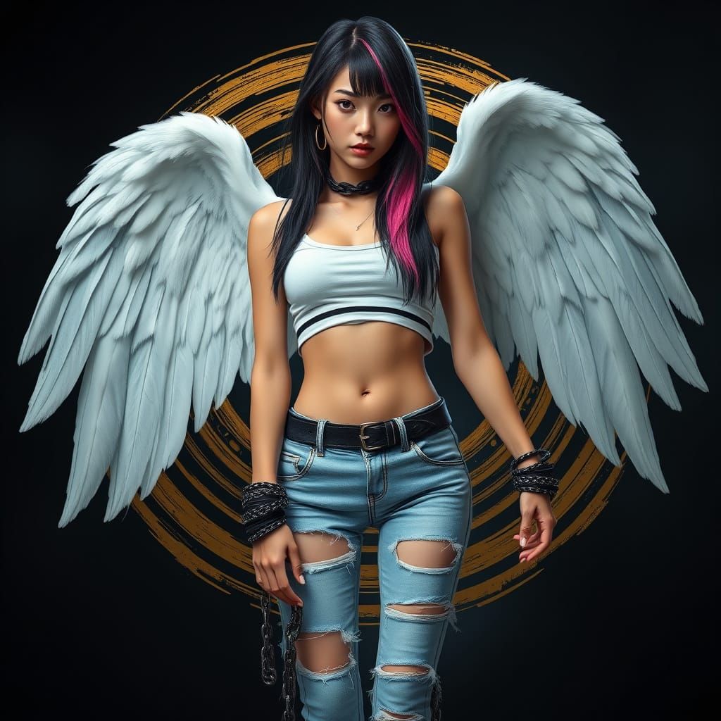 Korean Woman with Angel Wings in Gothic Style