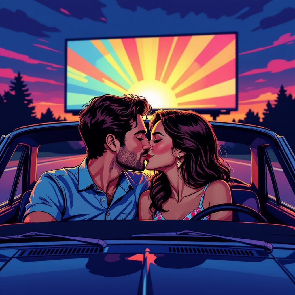 Couple's First Kiss at Drive-In Movie, Hyperrealistic Pop Ar...