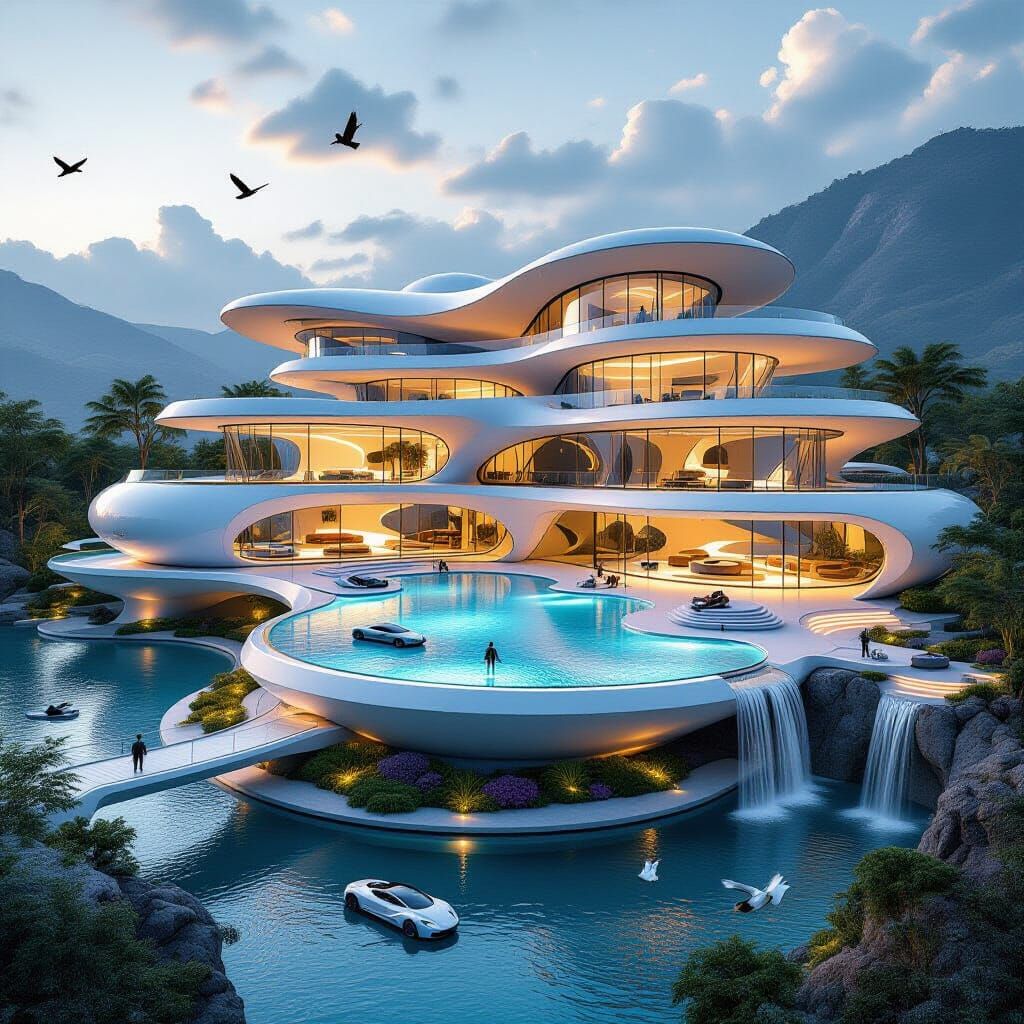 Massive Futuristic Mansion with Spirals Over Pristine Lake